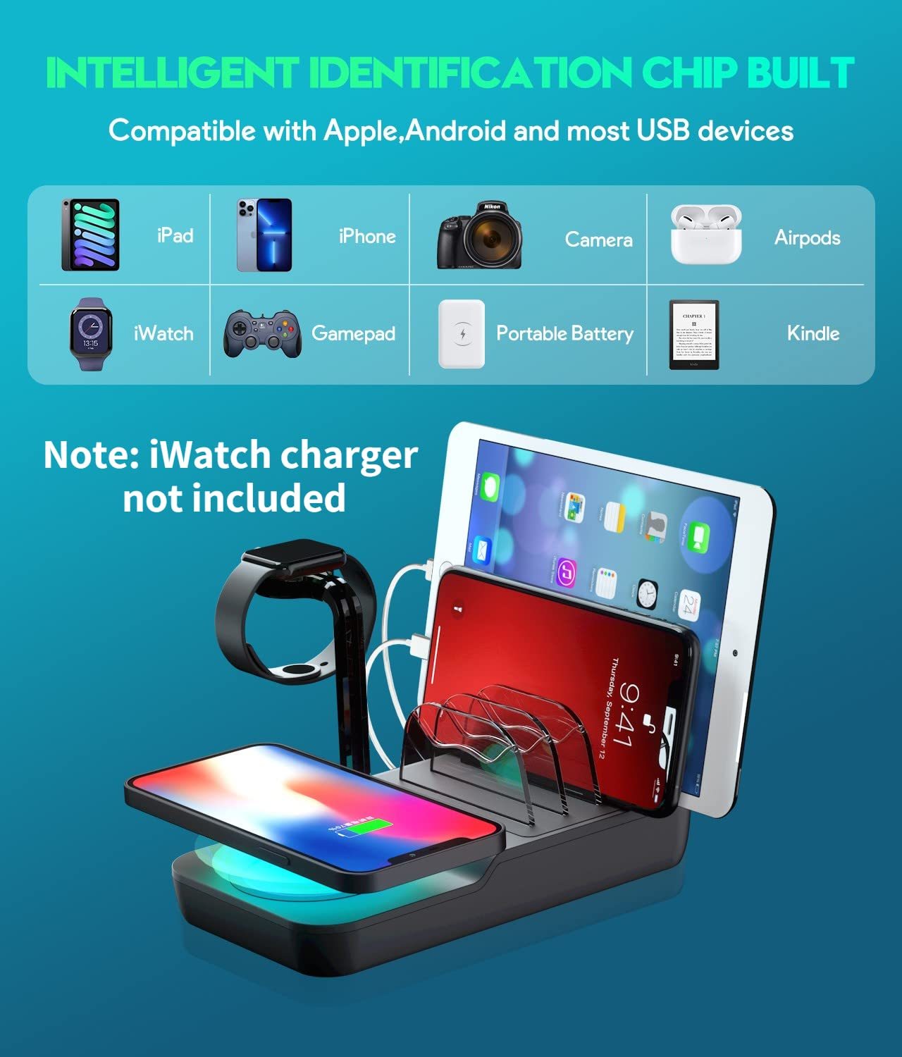 70W Charging Station For Multiple Devices, 5 In 1 Fast Charging Dock With 10W Max Wireless Charger And 4 Ports , 30W USB C PD Fast Charging For IPad, IPhone,Tablets,Kindle Shopifynow