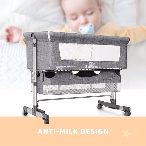 3-in-1 Bedside Crib With Mosquito Net, Large Storage Bag, Comfortable Mattress With Lockable Wheels, Grey Shopifynow