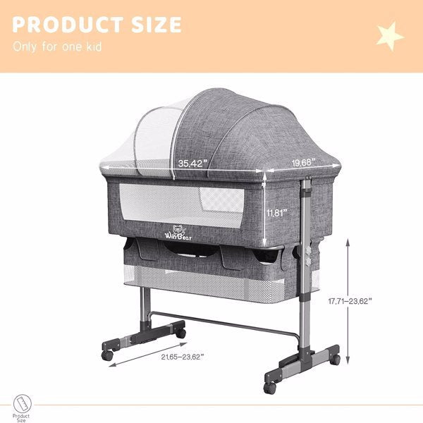 3-in-1 Bedside Crib With Mosquito Net, Large Storage Bag, Comfortable Mattress With Lockable Wheels, Grey Shopifynow