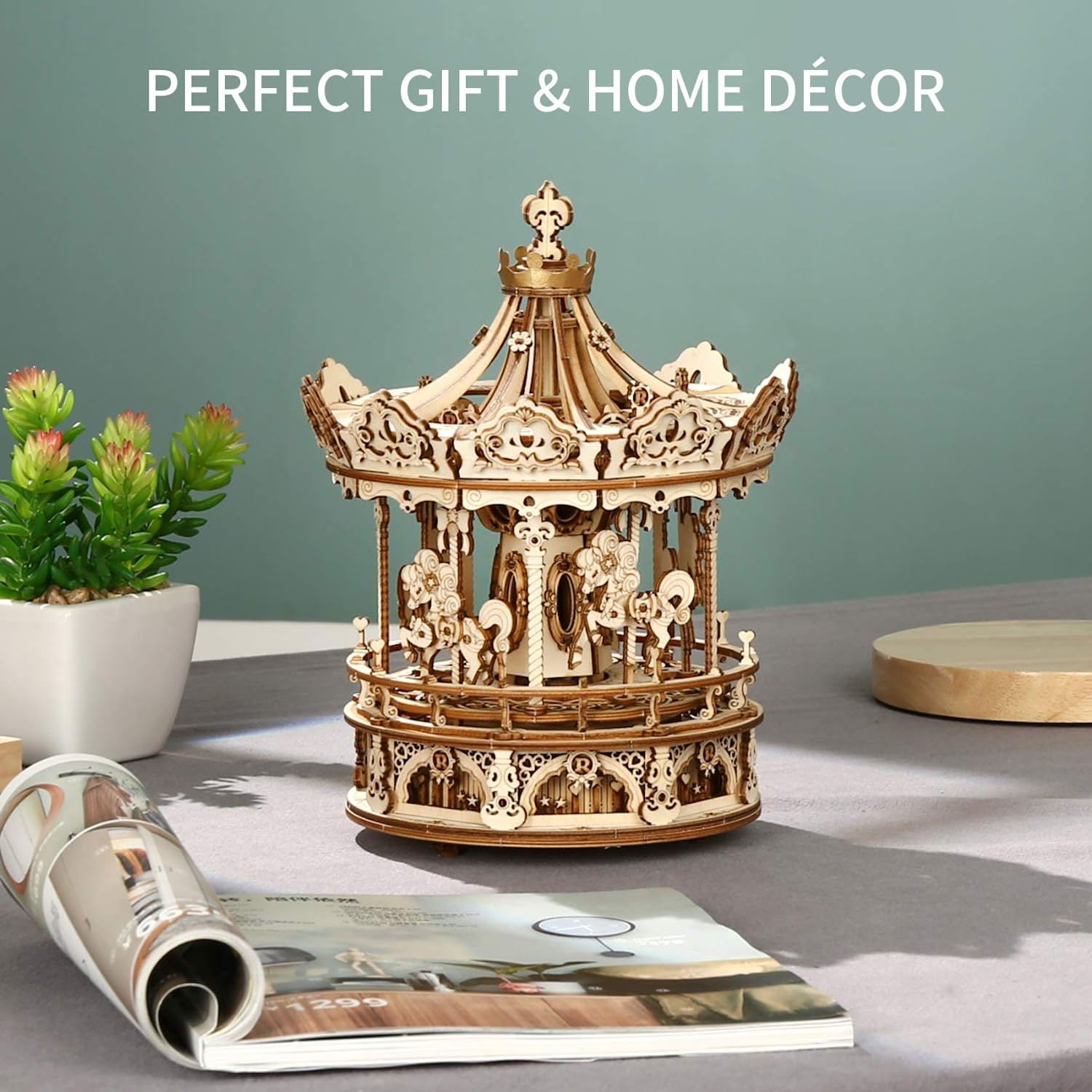 Robotime Rokr 3D Wooden Puzzles Construction Model Kit DIY Music Box Building Kits Rotating - Romantic Carousel Shopifynow