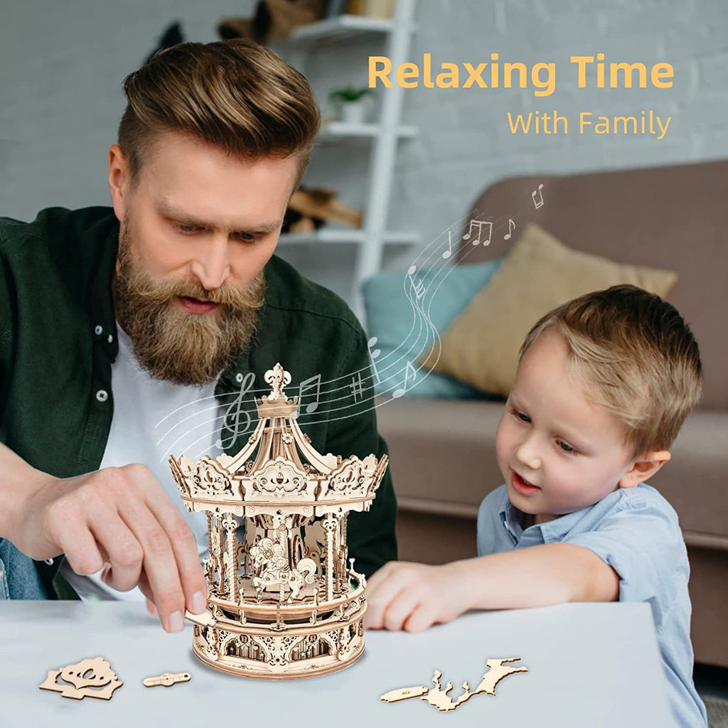 Robotime Rokr 3D Wooden Puzzles Construction Model Kit DIY Music Box Building Kits Rotating - Romantic Carousel Shopifynow