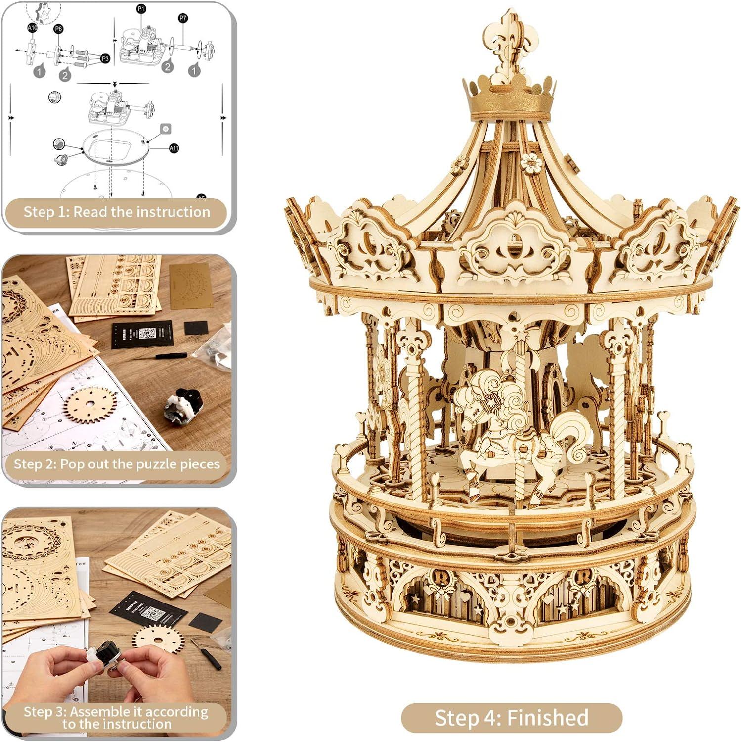 Robotime Rokr 3D Wooden Puzzles Construction Model Kit DIY Music Box Building Kits Rotating - Romantic Carousel Shopifynow
