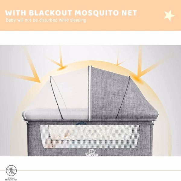 3-in-1 Bedside Crib With Mosquito Net, Large Storage Bag, Comfortable Mattress With Lockable Wheels, Grey Shopifynow