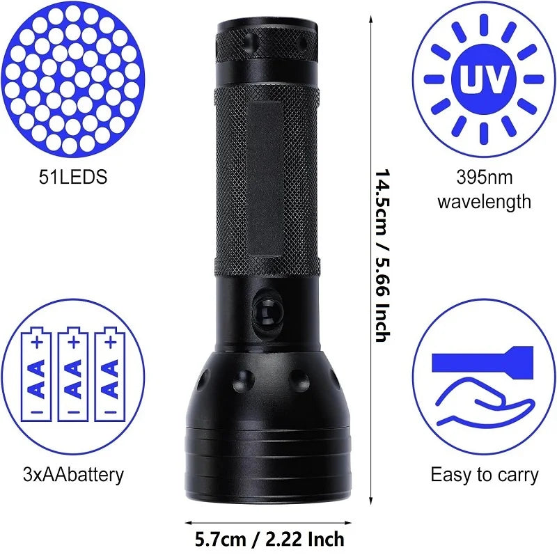 395nm UV Flashlight Black Light Waterproof 51 LED Flashlight Set with AA Battery for Home & Hotel Inspection Pet Urine Detector Shopifynow