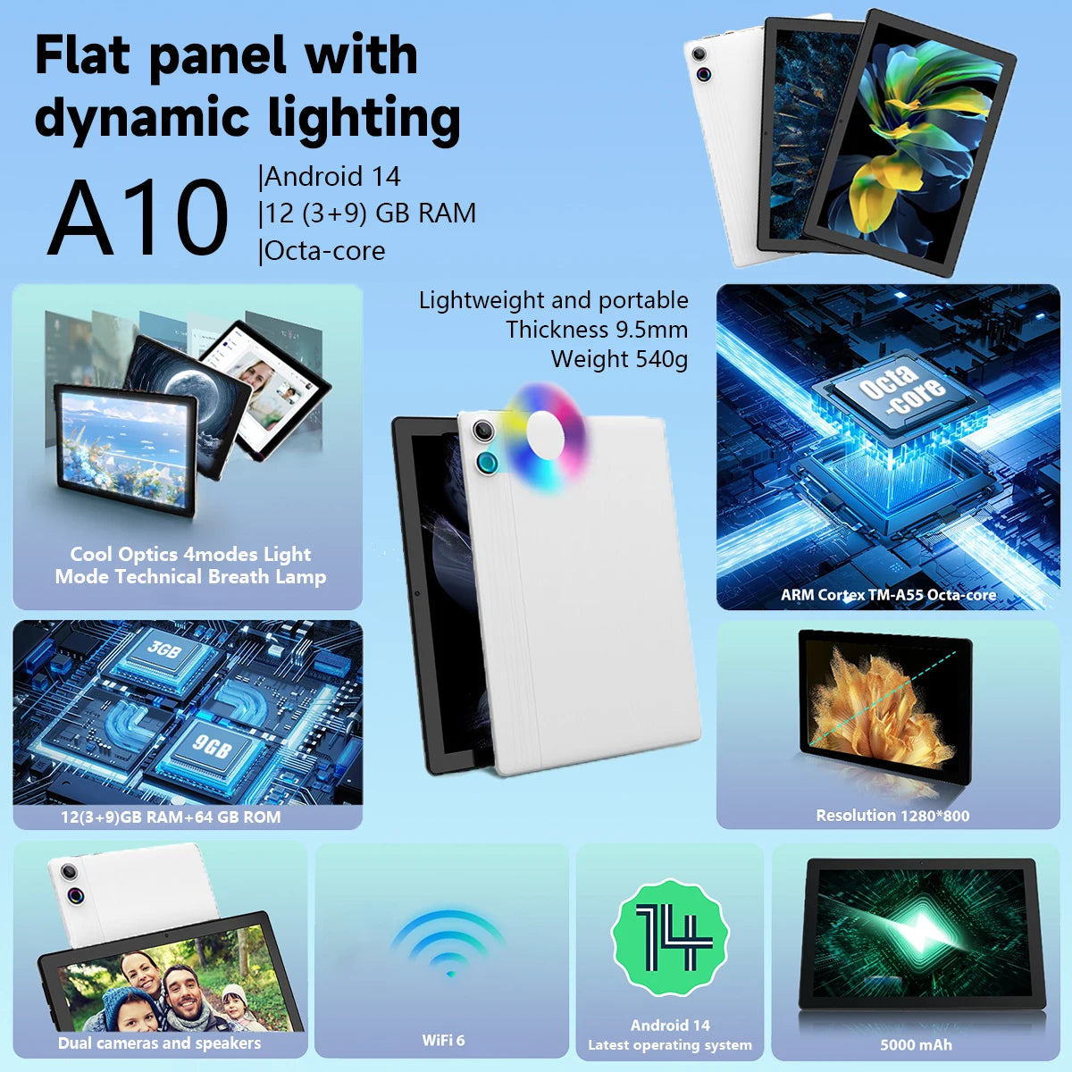 10 Inch Tablet Android 14 A523 Octa Core 12GB RAM 64GB ROM(TF 1TB) 5000mAh Face Unlocked Dual Carmera Keyboard Mouse Set PC Pad Shopifynow