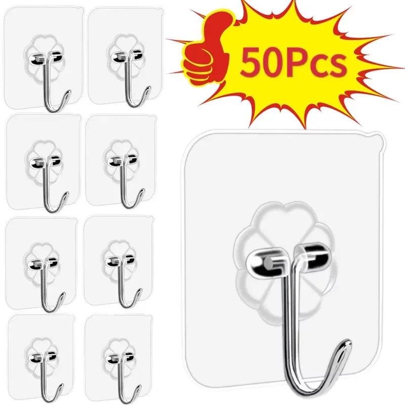 50pcs Transparent Stainless Steel Self-Adhesive Hooks Bathroom Towel Clothes Storage Sticker Hook Key Hangers Storage Holder Shopifynow