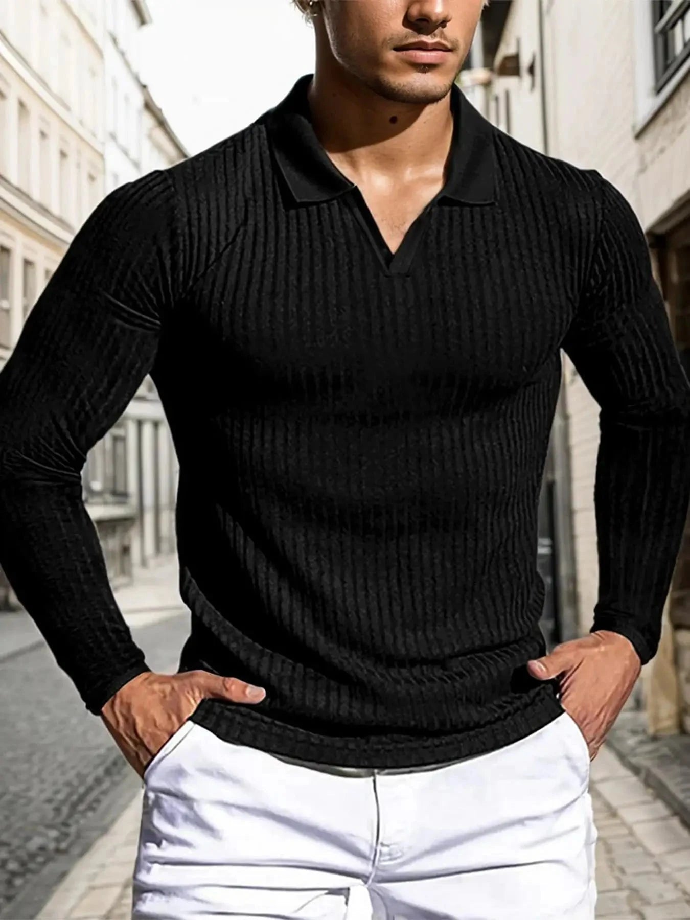 Men's Muscle V Neck Polo Shirts Slim Fit Short Long Sleeve Cotton Golf T-Shirts Ribbed Knit Soft Tees Shopifynow