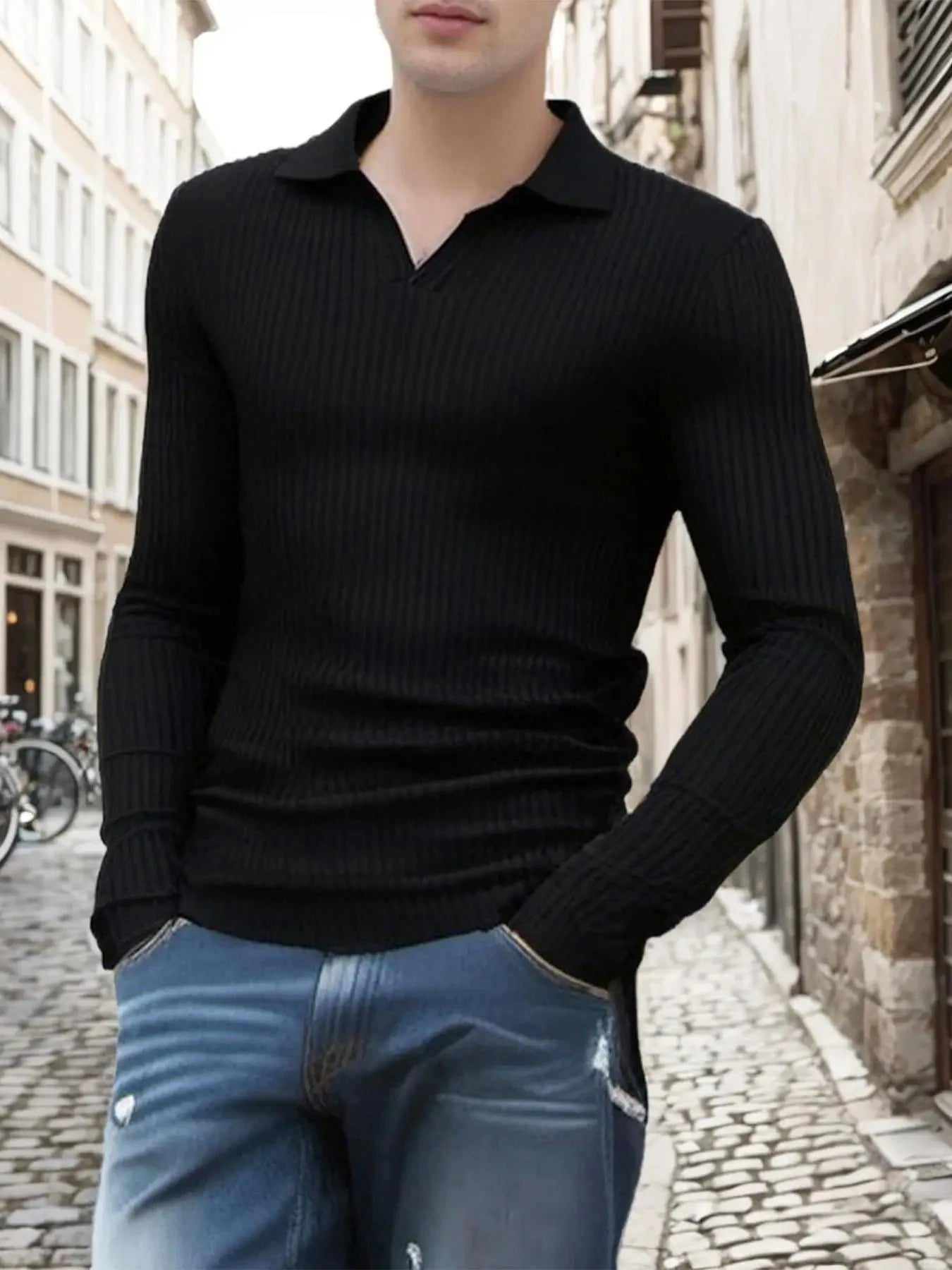 Men's Muscle V Neck Polo Shirts Slim Fit Short Long Sleeve Cotton Golf T-Shirts Ribbed Knit Soft Tees Shopifynow