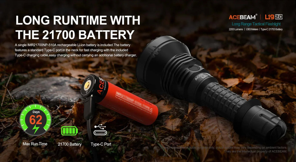 ACEBEAM L19 2.0 Hunting Flashlight 2200 Lumens 1184 Yards Long-Rang Rechargeable Flashlight for Night Hunting - Shopifynow