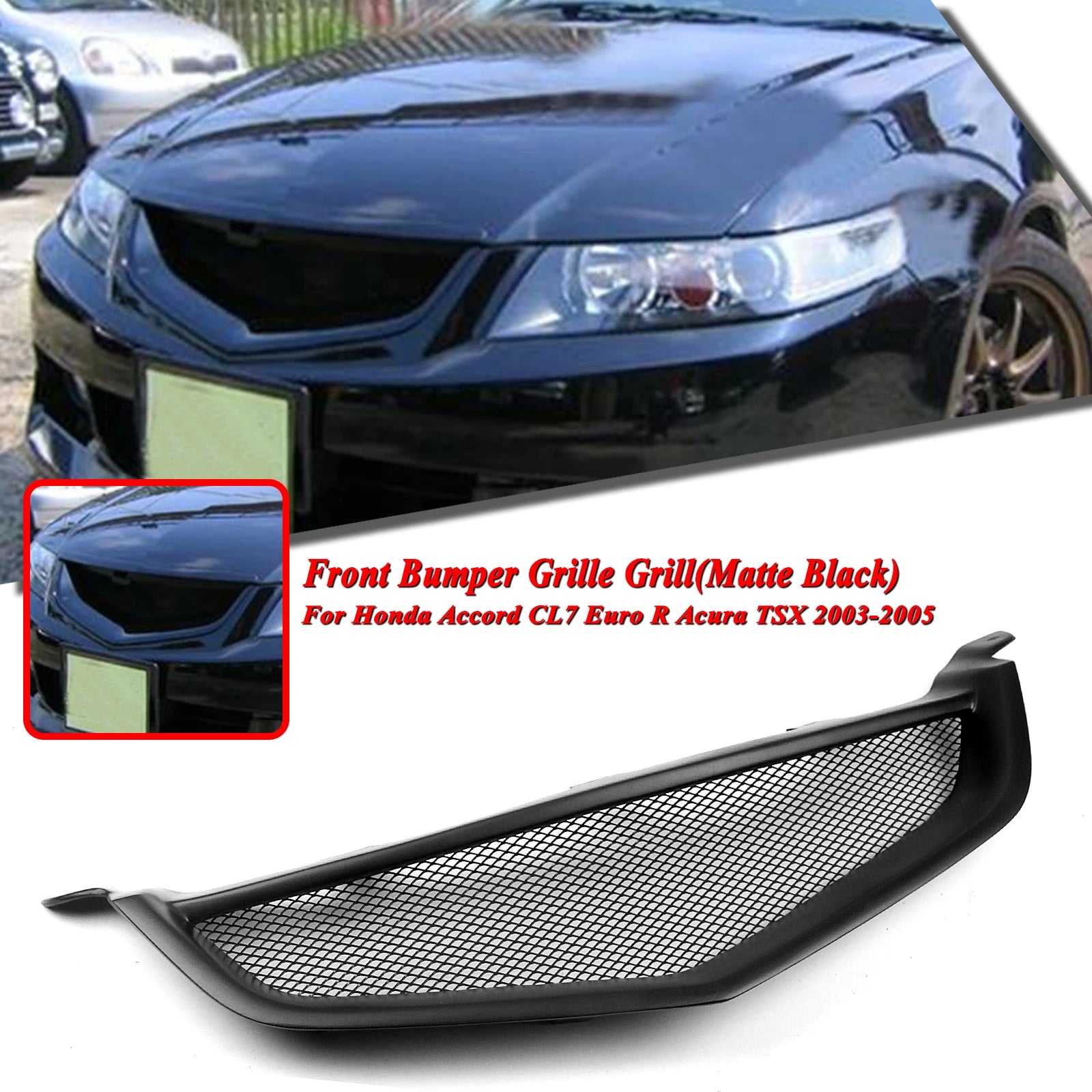 For 2003-2005 Honda Accord CL7 Euro R Acura TSX Front Bumper Grille Matte Black - Shopifynow