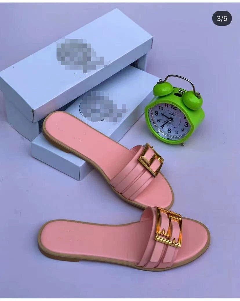 2022 European and American Summer Internet Celebrity Metal Decorative Button Slippers Women Flat Sandals Slides Women Shopifynow