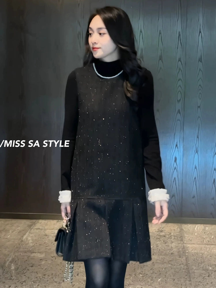 Graceful Set Inner wear Bottoming Shirt Vest Skirt Women Autumn and Winter New Two-piece Set Long sleeve Top Black Dress Shopifynow