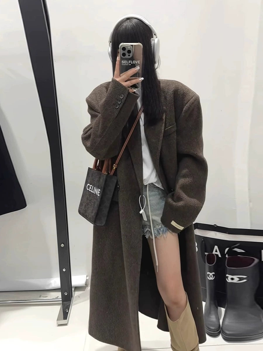 Autumn and Winter Plus Size Women's Clothing Plus Size Ladies Slim Looking Maillard Woolen Coat Korean Style Loose Overknee Thickened Woolen Coat Shopifynow