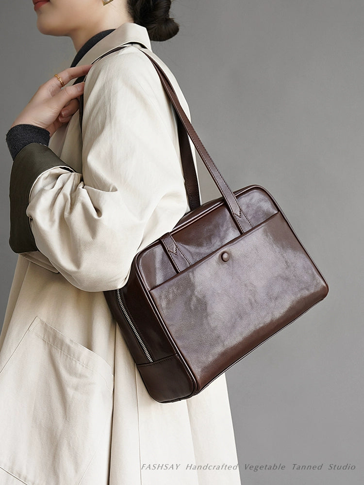 Fan Jia Leather Vegetable Tanned Full-Grain Leather Cowhide Leather Women's 2025 New Arrival Boston Shoulder Work Clothing Bowling Bag Shopifynow