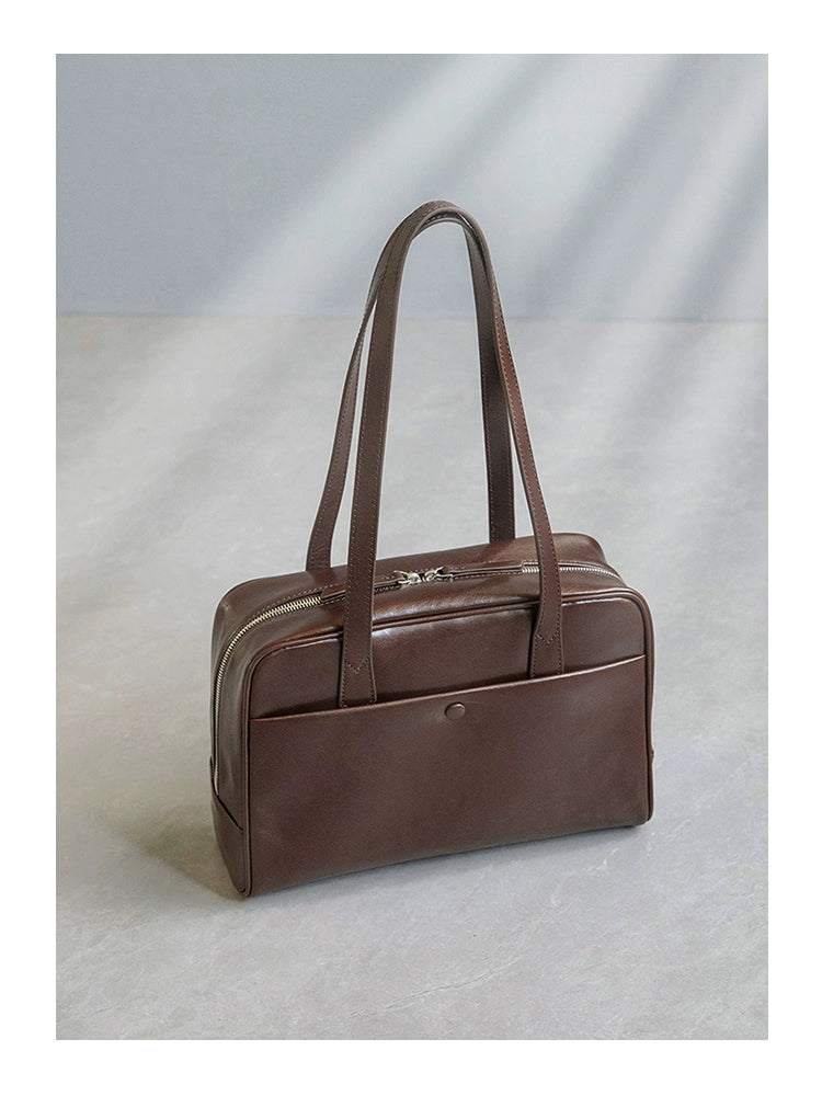 Fan Jia Leather Vegetable Tanned Full-Grain Leather Cowhide Leather Women's 2025 New Arrival Boston Shoulder Work Clothing Bowling Bag Shopifynow