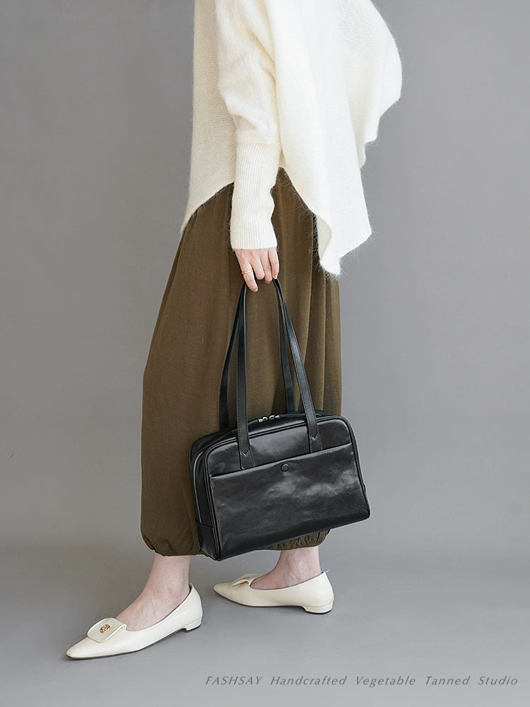 Fan Jia Leather Vegetable Tanned Full-Grain Leather Cowhide Leather Women's 2025 New Arrival Boston Shoulder Work Clothing Bowling Bag Shopifynow