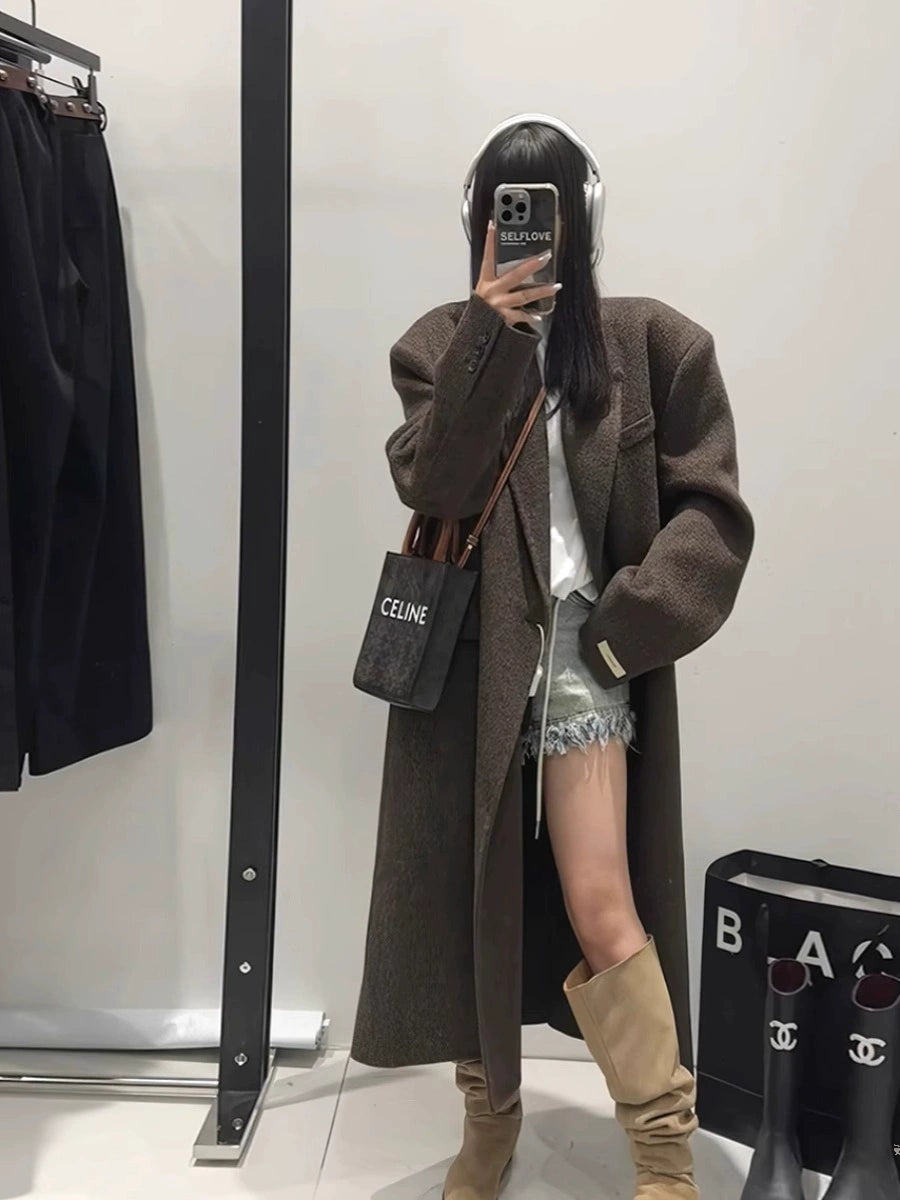 Autumn and Winter Plus Size Women's Clothing Plus Size Ladies Slim Looking Maillard Woolen Coat Korean Style Loose Overknee Thickened Woolen Coat Shopifynow