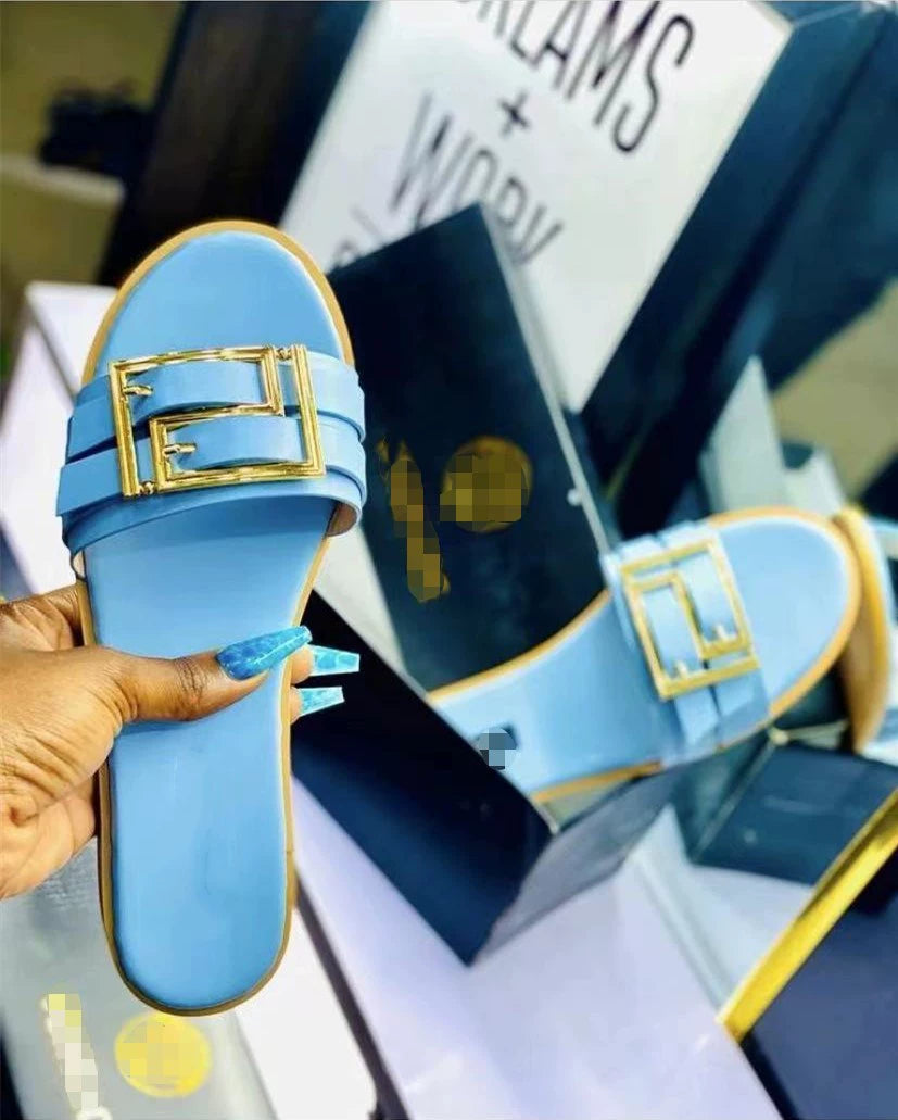 2022 European and American Summer Internet Celebrity Metal Decorative Button Slippers Women Flat Sandals Slides Women Shopifynow