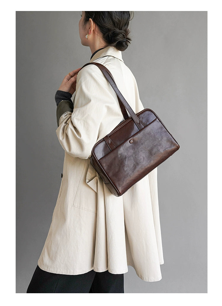 Fan Jia Leather Vegetable Tanned Full-Grain Leather Cowhide Leather Women's 2025 New Arrival Boston Shoulder Work Clothing Bowling Bag Shopifynow