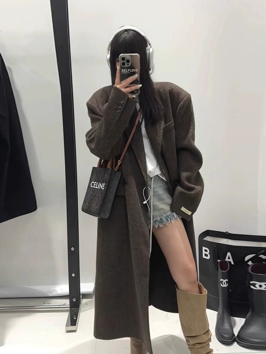 Autumn and Winter Plus Size Women's Clothing Plus Size Ladies Slim Looking Maillard Woolen Coat Korean Style Loose Overknee Thickened Woolen Coat Shopifynow