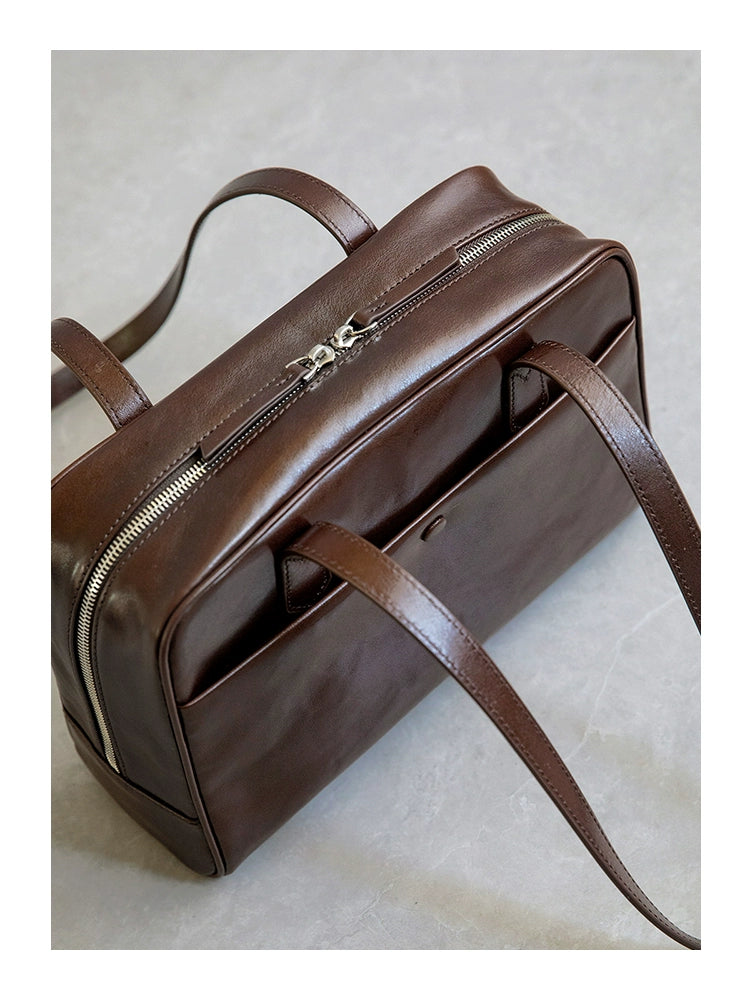 Fan Jia Leather Vegetable Tanned Full-Grain Leather Cowhide Leather Women's 2025 New Arrival Boston Shoulder Work Clothing Bowling Bag Shopifynow