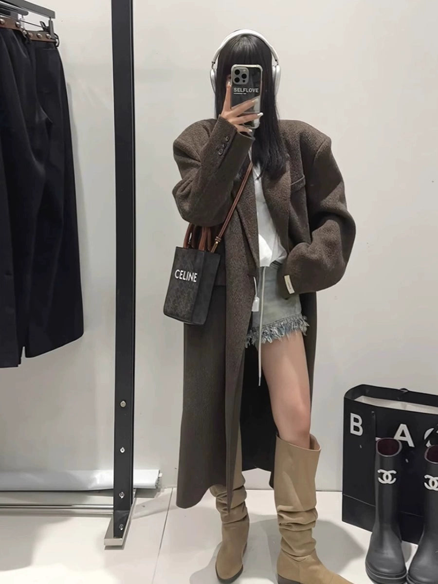 Autumn and Winter Plus Size Women's Clothing Plus Size Ladies Slim Looking Maillard Woolen Coat Korean Style Loose Overknee Thickened Woolen Coat Shopifynow