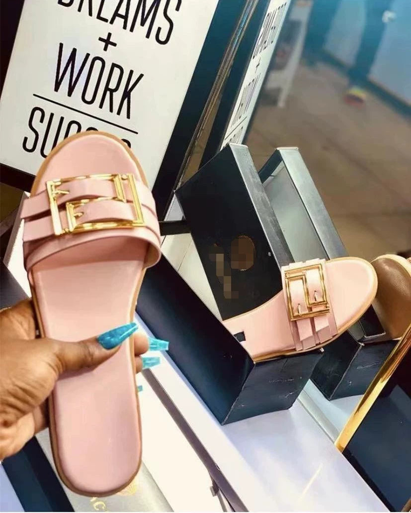 2022 European and American Summer Internet Celebrity Metal Decorative Button Slippers Women Flat Sandals Slides Women Shopifynow