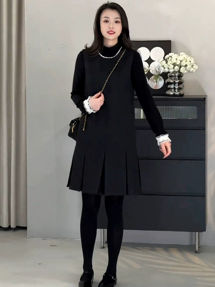 Graceful Set Inner wear Bottoming Shirt Vest Skirt Women Autumn and Winter New Two-piece Set Long sleeve Top Black Dress Shopifynow