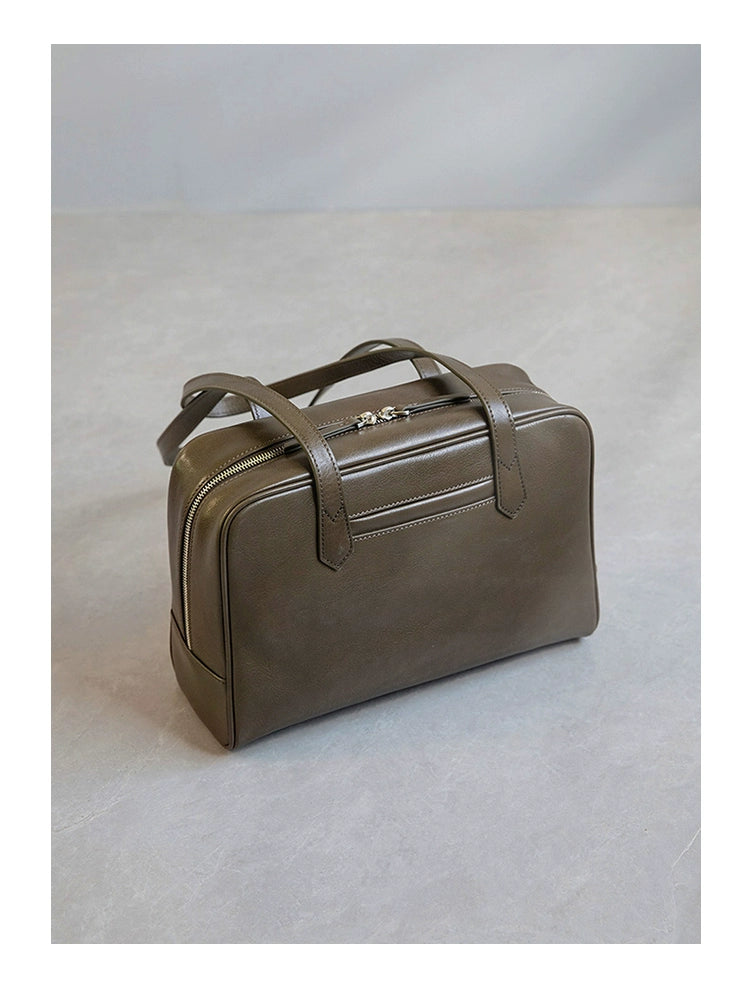 Fan Jia Leather Vegetable Tanned Full-Grain Leather Cowhide Leather Women's 2025 New Arrival Boston Shoulder Work Clothing Bowling Bag Shopifynow