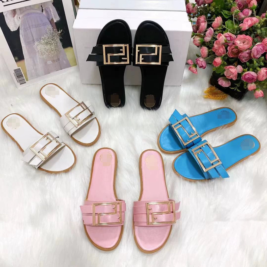 2022 European and American Summer Internet Celebrity Metal Decorative Button Slippers Women Flat Sandals Slides Women Shopifynow