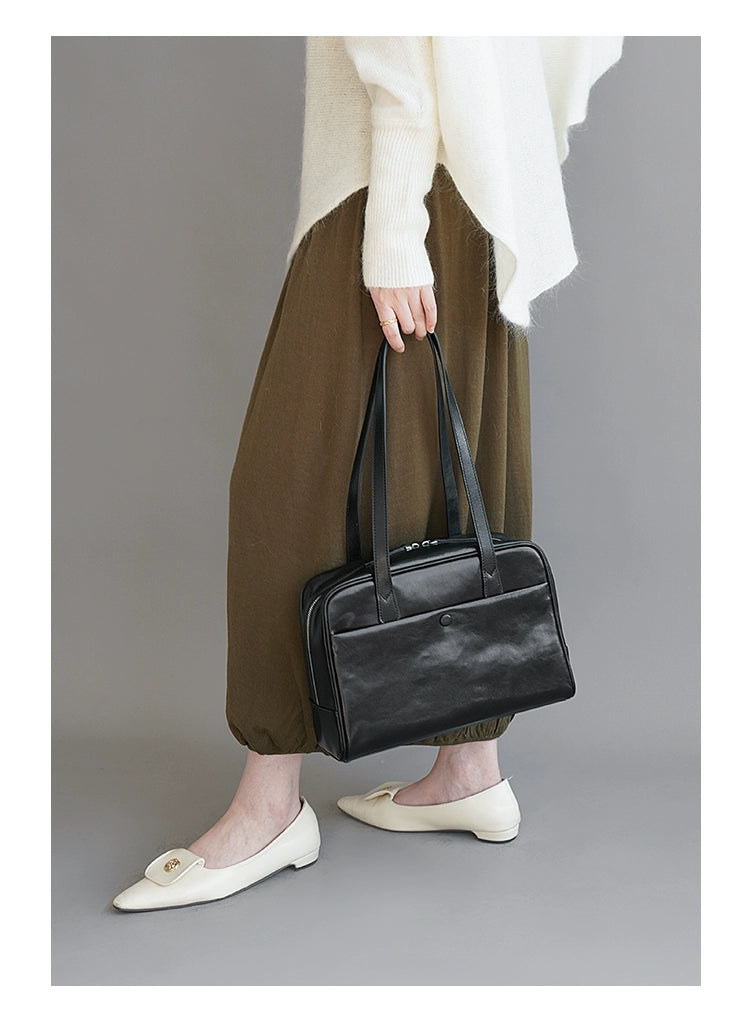 Fan Jia Leather Vegetable Tanned Full-Grain Leather Cowhide Leather Women's 2025 New Arrival Boston Shoulder Work Clothing Bowling Bag Shopifynow