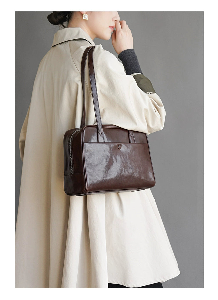 Fan Jia Leather Vegetable Tanned Full-Grain Leather Cowhide Leather Women's 2025 New Arrival Boston Shoulder Work Clothing Bowling Bag Shopifynow