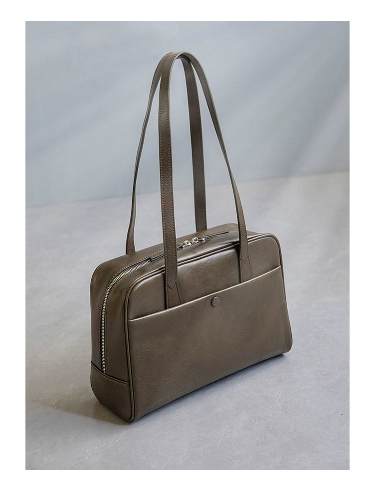 Fan Jia Leather Vegetable Tanned Full-Grain Leather Cowhide Leather Women's 2025 New Arrival Boston Shoulder Work Clothing Bowling Bag Shopifynow