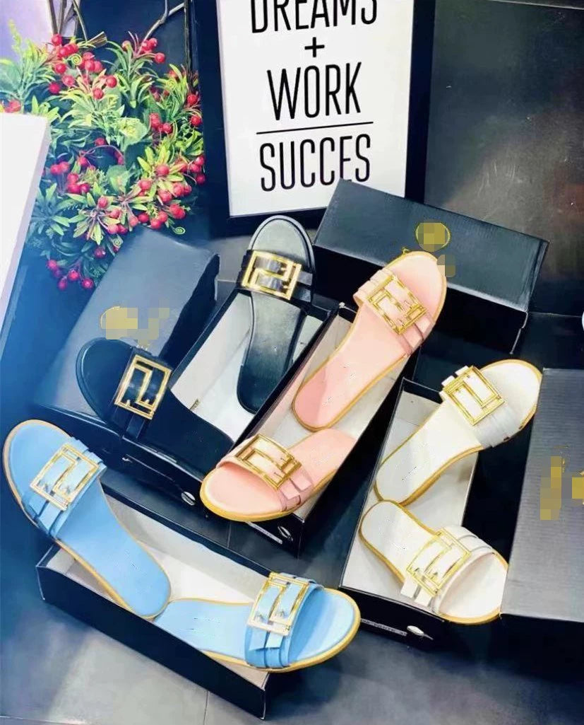 2022 European and American Summer Internet Celebrity Metal Decorative Button Slippers Women Flat Sandals Slides Women Shopifynow