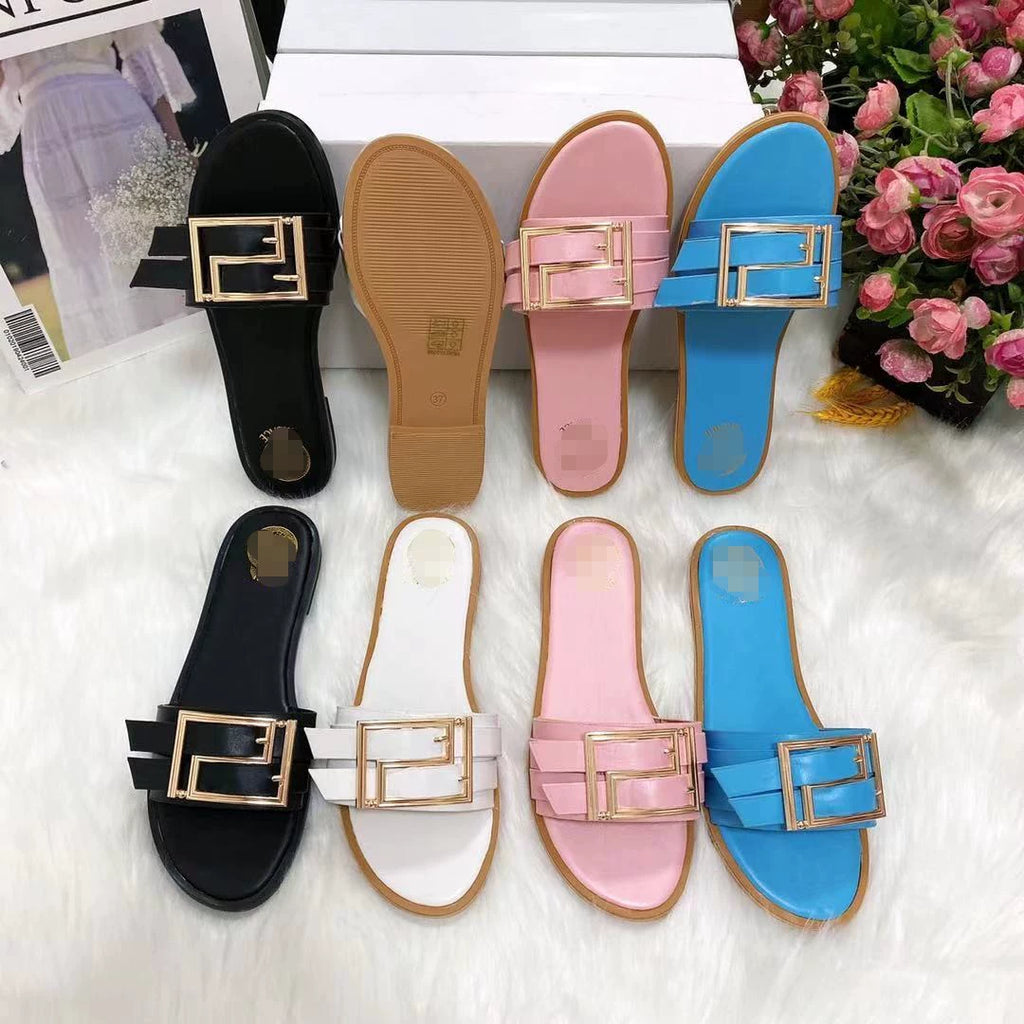 2022 European and American Summer Internet Celebrity Metal Decorative Button Slippers Women Flat Sandals Slides Women Shopifynow
