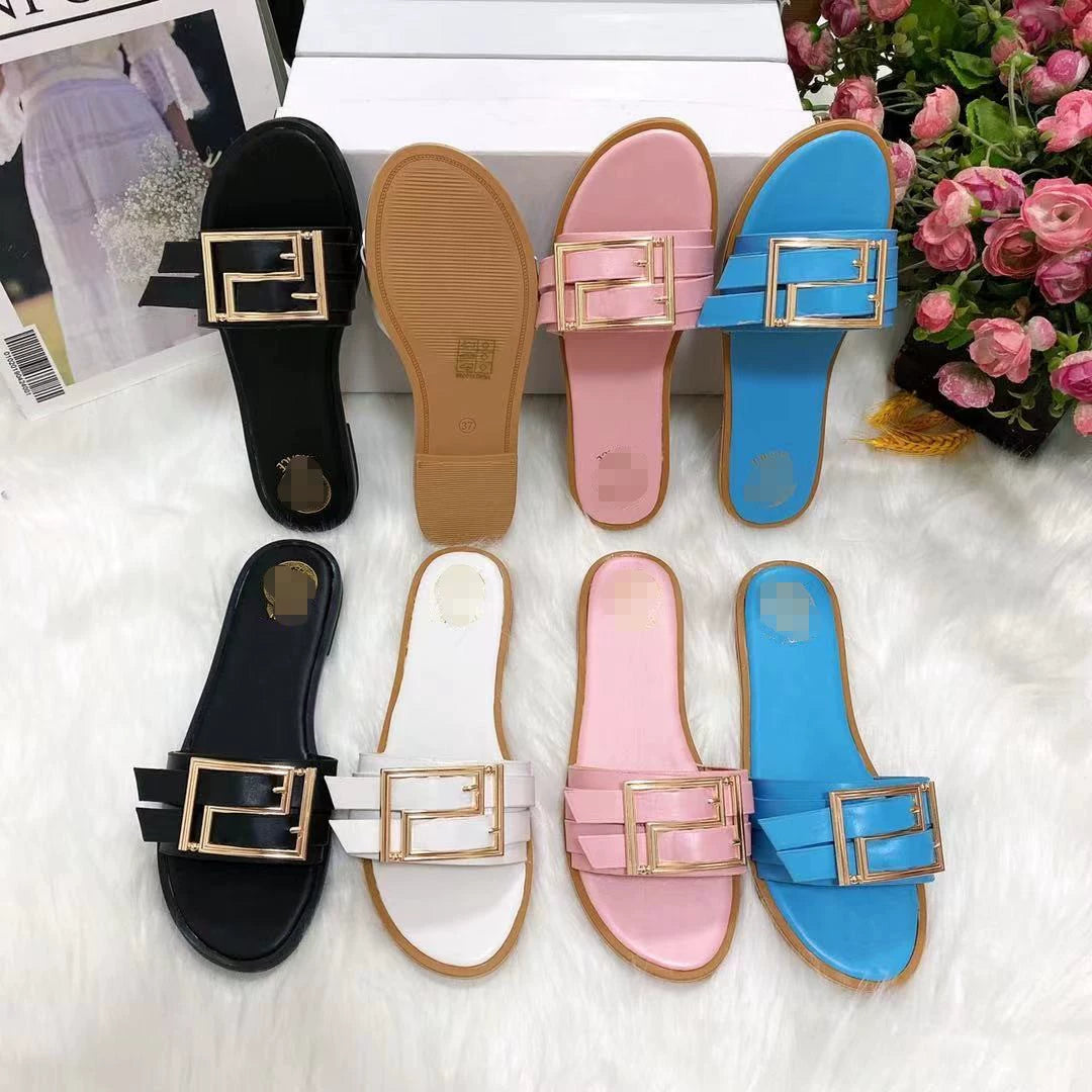 2022 European and American Summer Internet Celebrity Metal Decorative Button Slippers Women Flat Sandals Slides Women Shopifynow
