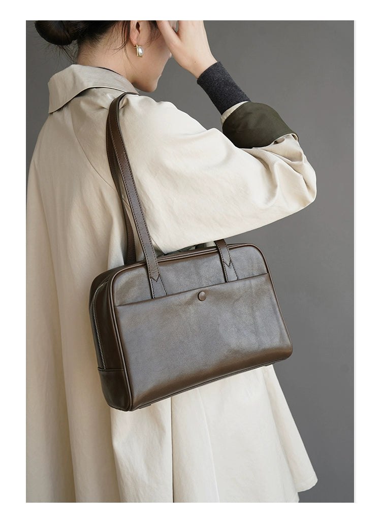 Fan Jia Leather Vegetable Tanned Full-Grain Leather Cowhide Leather Women's 2025 New Arrival Boston Shoulder Work Clothing Bowling Bag Shopifynow