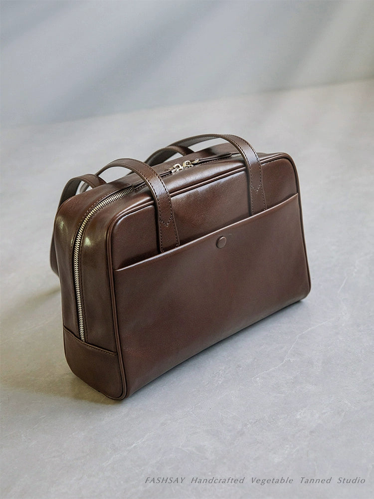 Fan Jia Leather Vegetable Tanned Full-Grain Leather Cowhide Leather Women's 2025 New Arrival Boston Shoulder Work Clothing Bowling Bag Shopifynow