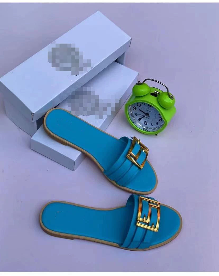 2022 European and American Summer Internet Celebrity Metal Decorative Button Slippers Women Flat Sandals Slides Women Shopifynow