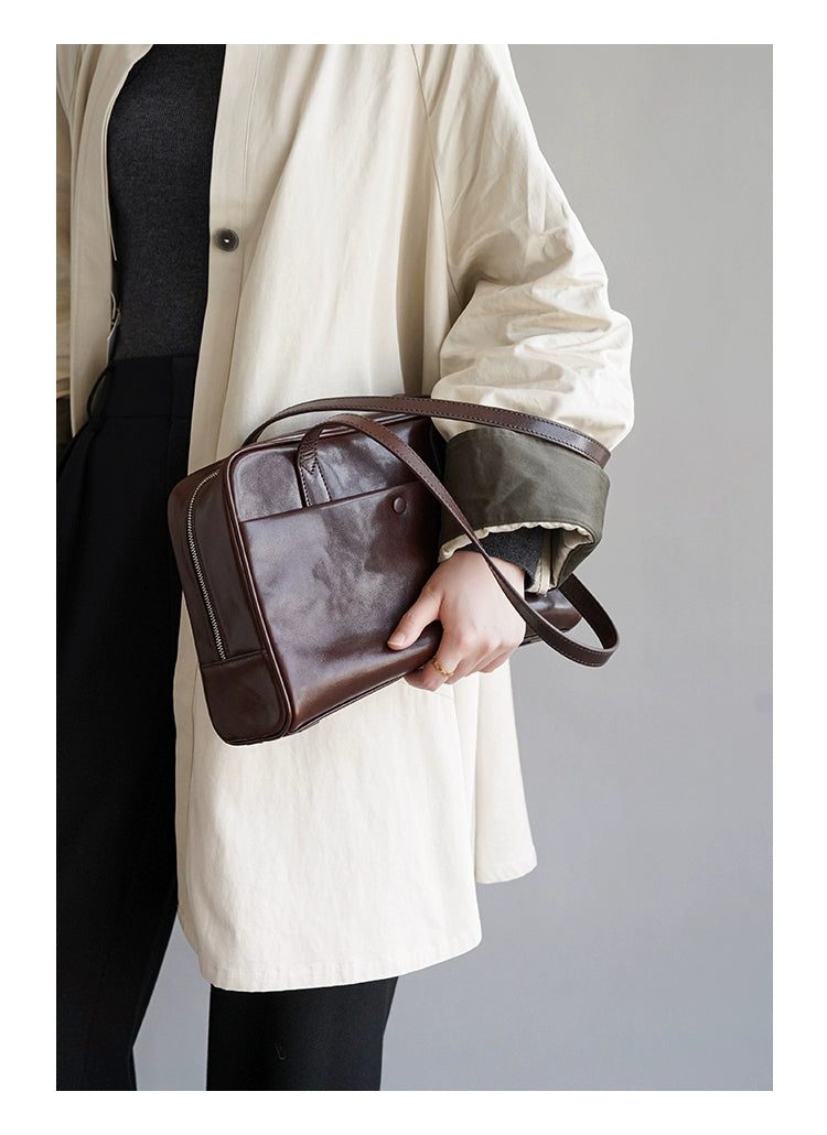 Fan Jia Leather Vegetable Tanned Full-Grain Leather Cowhide Leather Women's 2025 New Arrival Boston Shoulder Work Clothing Bowling Bag Shopifynow