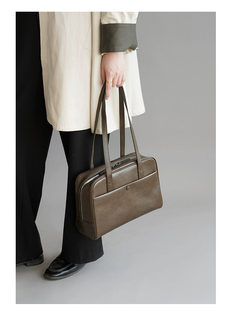 Fan Jia Leather Vegetable Tanned Full-Grain Leather Cowhide Leather Women's 2025 New Arrival Boston Shoulder Work Clothing Bowling Bag Shopifynow