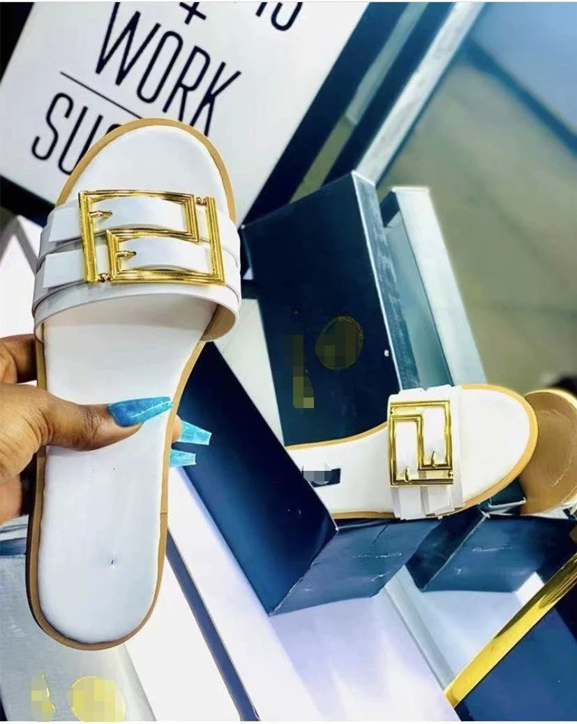 2022 European and American Summer Internet Celebrity Metal Decorative Button Slippers Women Flat Sandals Slides Women Shopifynow