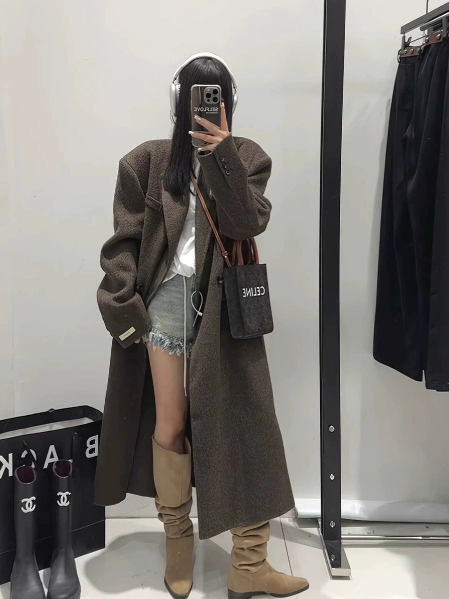 Autumn and Winter Plus Size Women's Clothing Plus Size Ladies Slim Looking Maillard Woolen Coat Korean Style Loose Overknee Thickened Woolen Coat Shopifynow