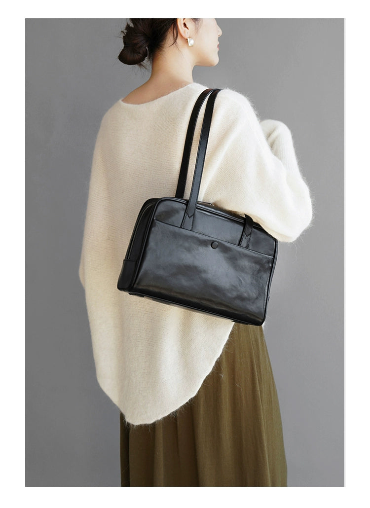 Fan Jia Leather Vegetable Tanned Full-Grain Leather Cowhide Leather Women's 2025 New Arrival Boston Shoulder Work Clothing Bowling Bag Shopifynow