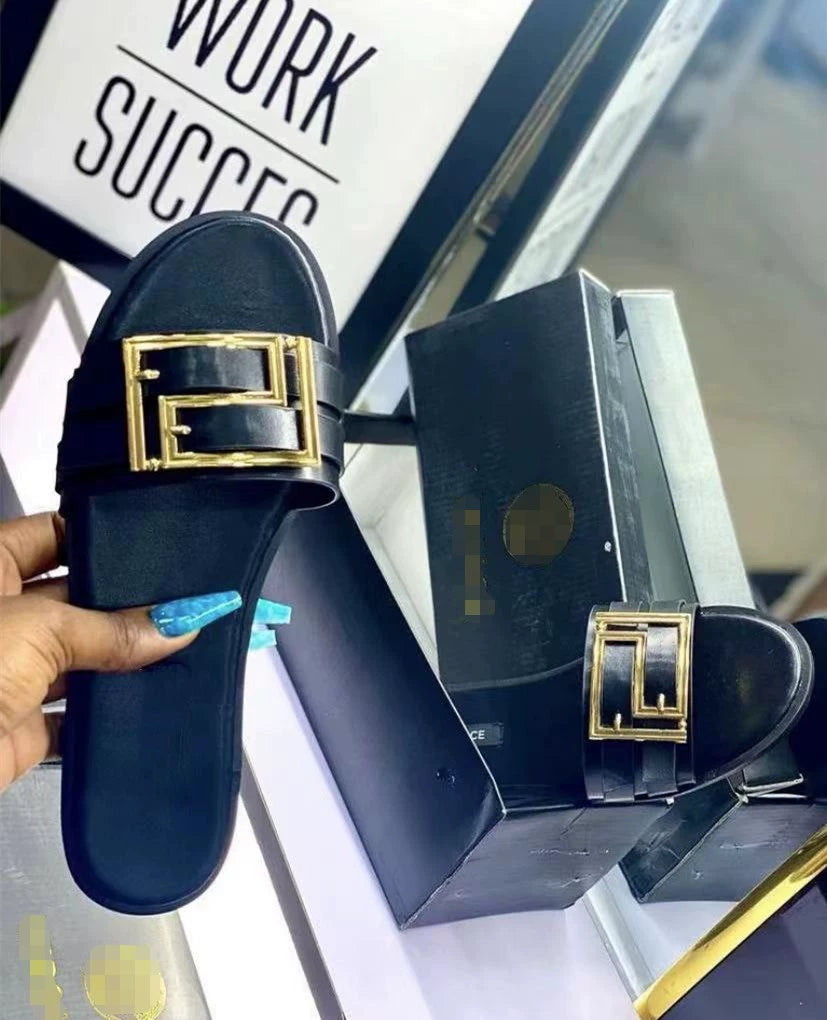 2022 European and American Summer Internet Celebrity Metal Decorative Button Slippers Women Flat Sandals Slides Women Shopifynow