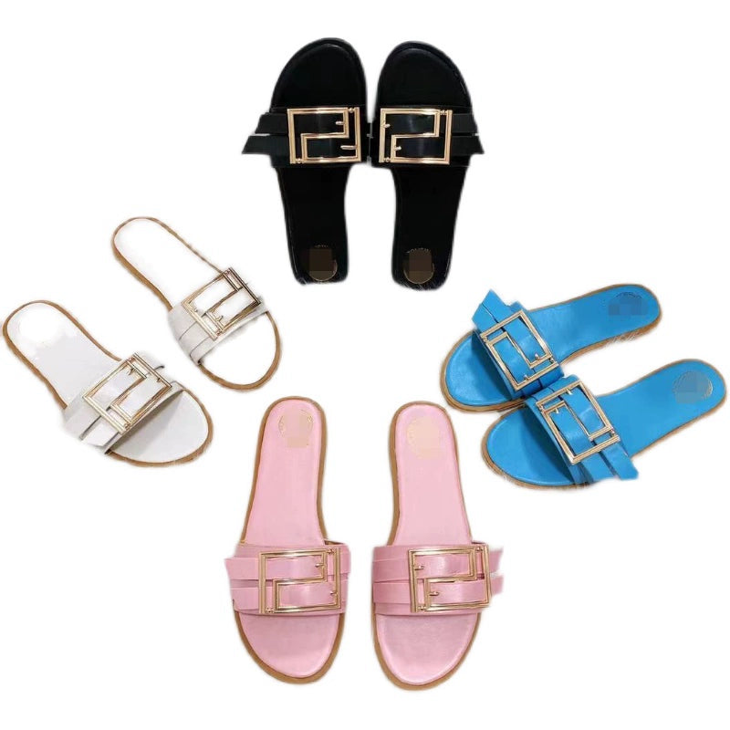 2022 European and American Summer Internet Celebrity Metal Decorative Button Slippers Women Flat Sandals Slides Women Shopifynow
