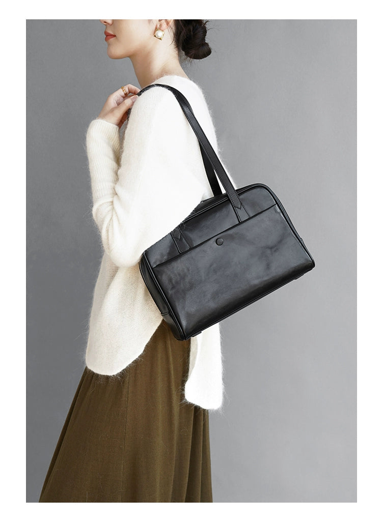 Fan Jia Leather Vegetable Tanned Full-Grain Leather Cowhide Leather Women's 2025 New Arrival Boston Shoulder Work Clothing Bowling Bag Shopifynow