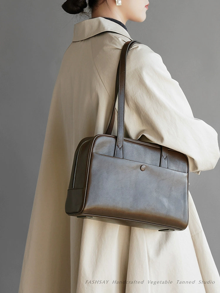 Fan Jia Leather Vegetable Tanned Full-Grain Leather Cowhide Leather Women's 2025 New Arrival Boston Shoulder Work Clothing Bowling Bag Shopifynow