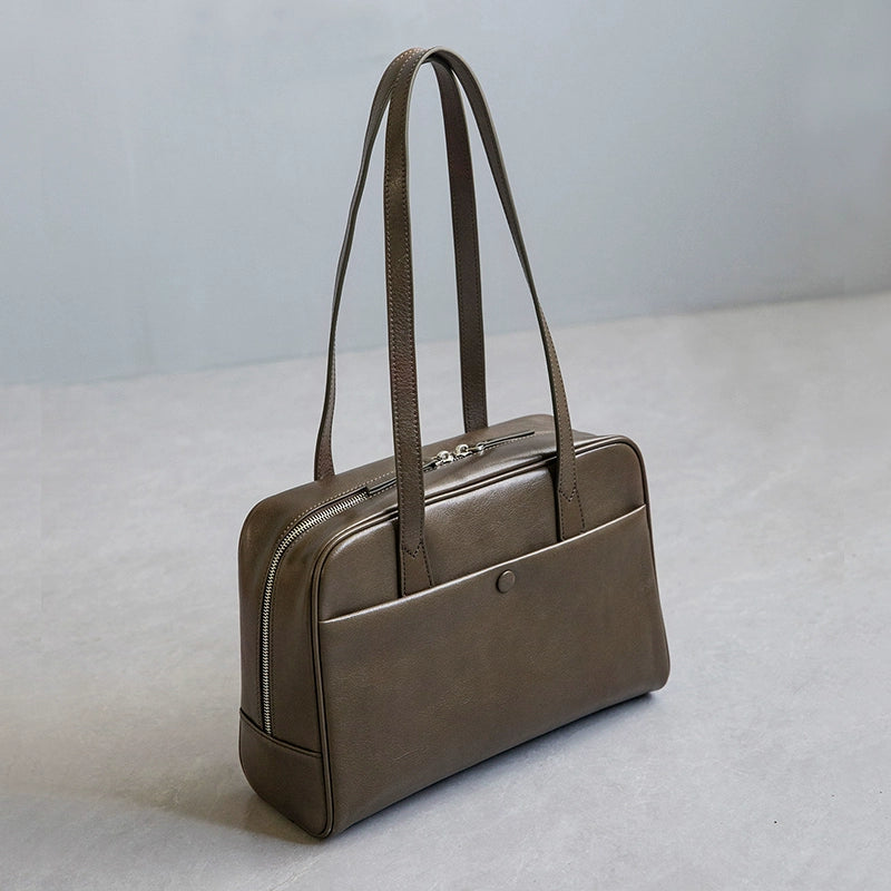 Fan Jia Leather Vegetable Tanned Full-Grain Leather Cowhide Leather Women's 2025 New Arrival Boston Shoulder Work Clothing Bowling Bag Shopifynow