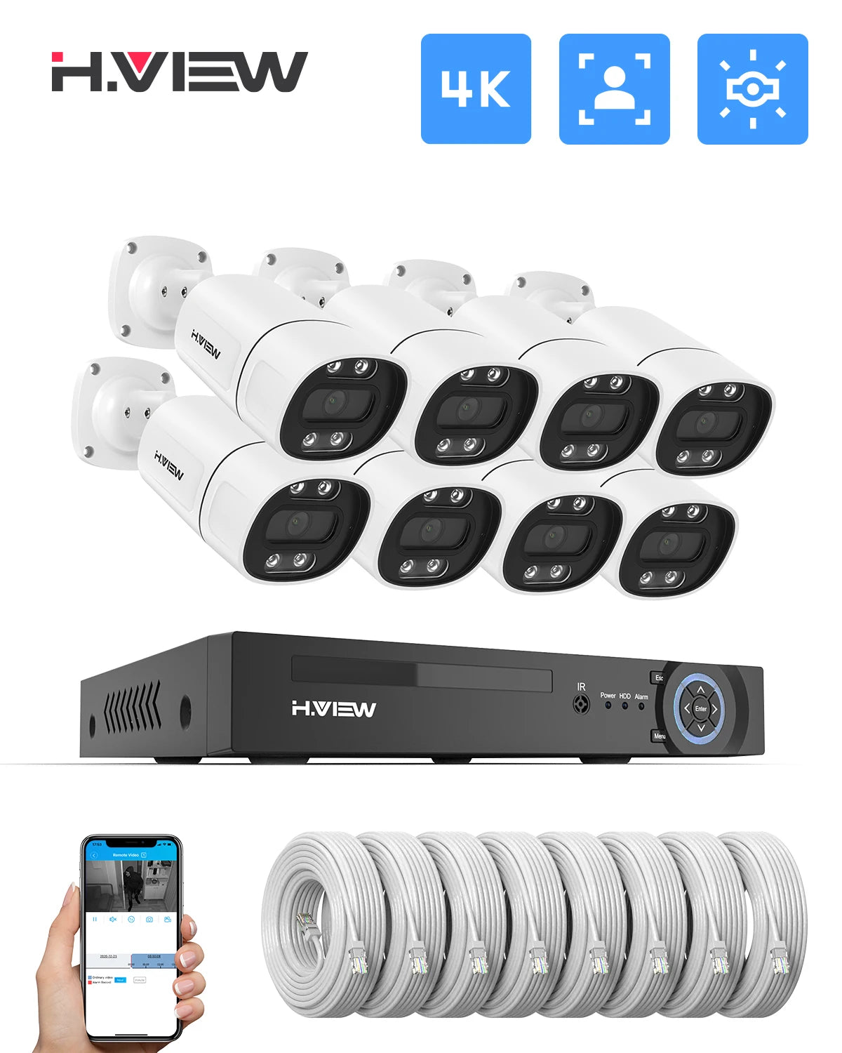 H.View 4K 8Mp poe Cctv Security Camera System Home Video Surveillance Kit 8Ch Nvr Audio Outdoor Ip Camera xmeye app